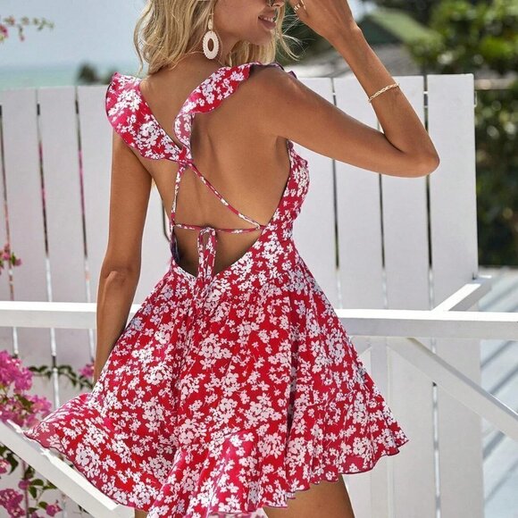 Floral Print Ruffle Trim Romper red - Picture 2 of 5
